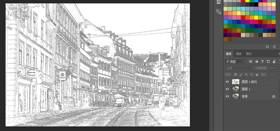 PS滤镜把城市建筑照片转成素描线稿效果