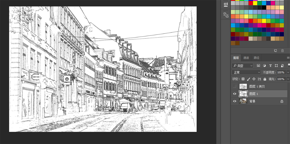 PS滤镜把城市建筑照片转成素描线稿效果