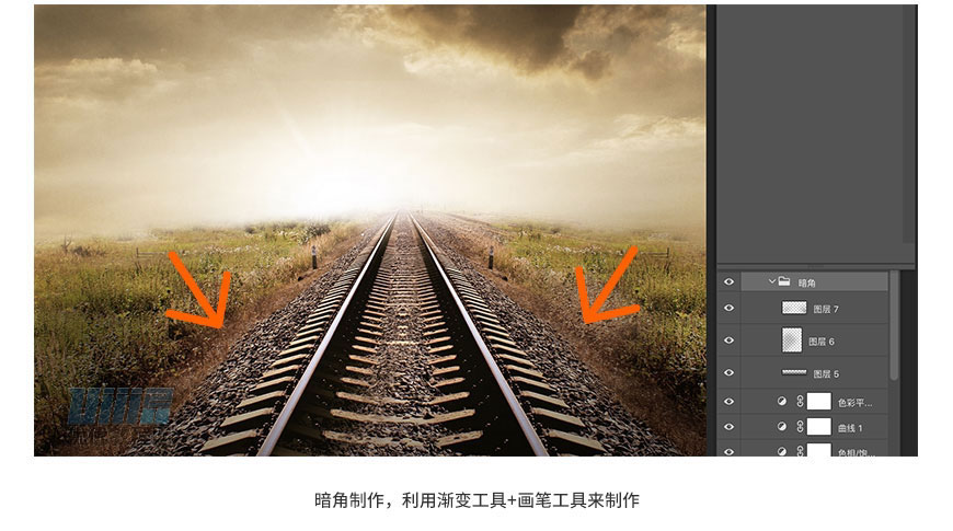 PS合成草原铁轨场景中奔跑的霸王龙图片