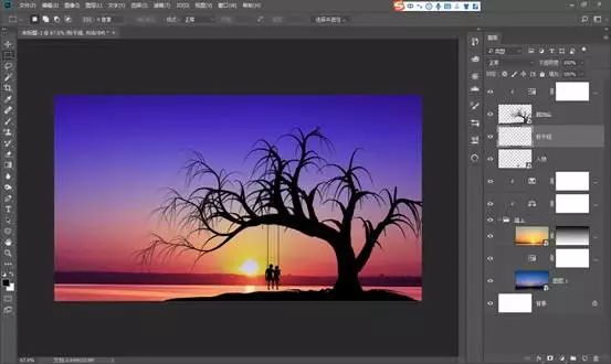 合成夕阳树下荡秋千人物剪影图片的PS教程